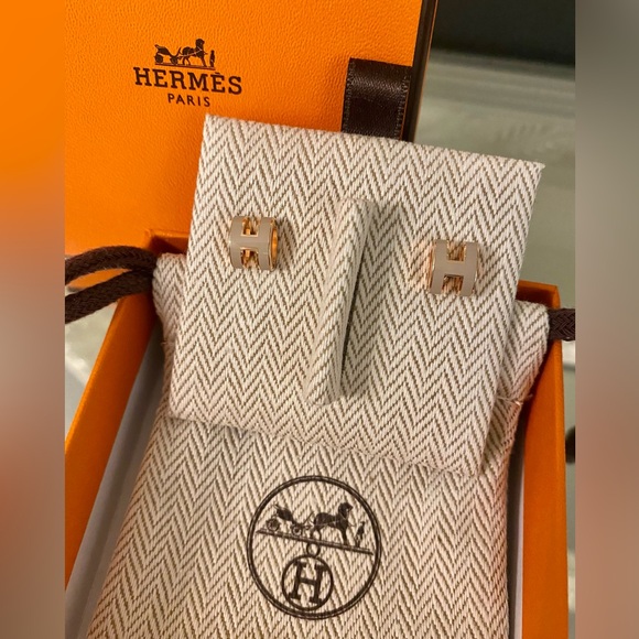 ❌SOLD❌New Authentic Hermes Mini Pop H Earrings Marron Glace Rose Gold - Picture 1 of 6